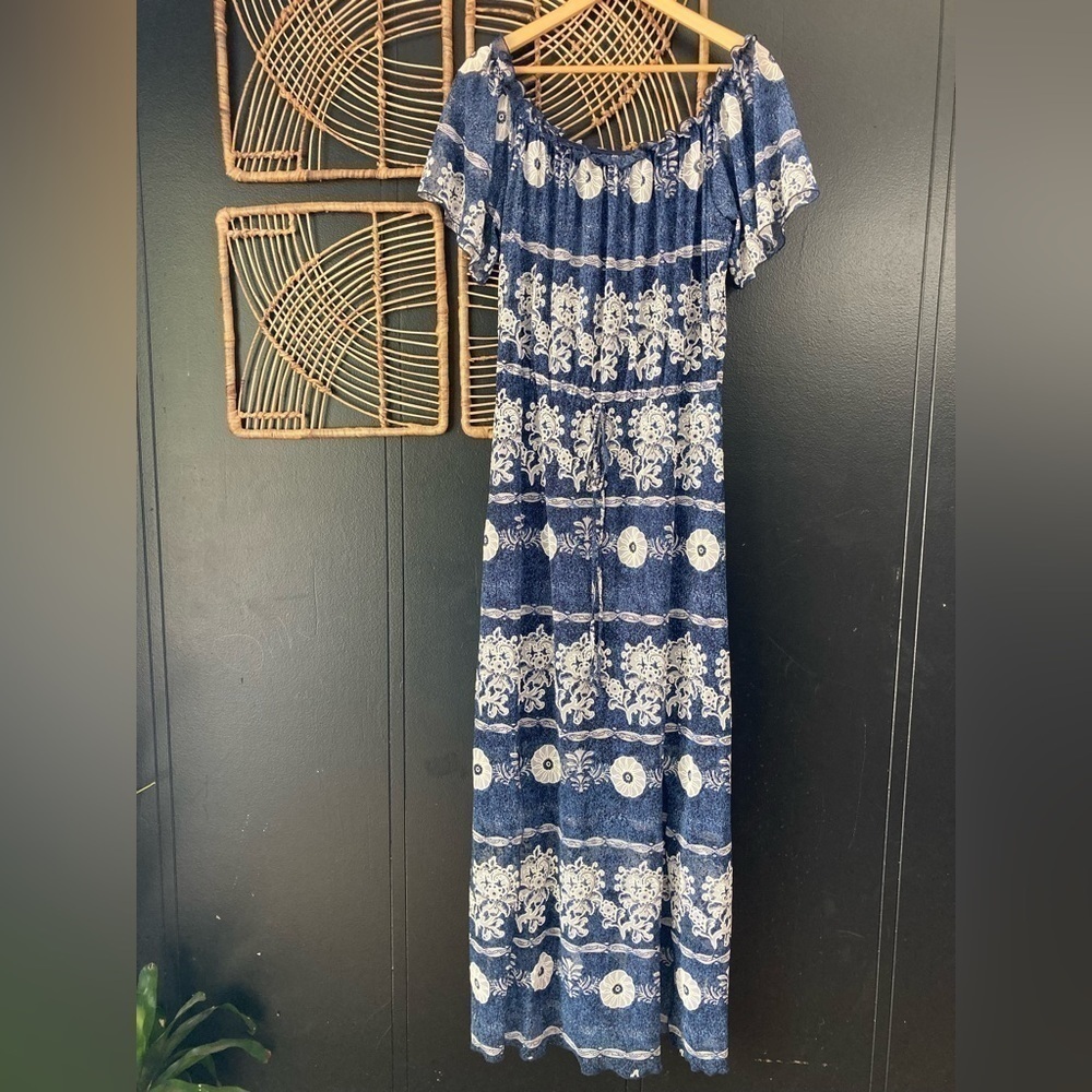 FRANK Lyman design blue floral maxi dress 12 made in Canada